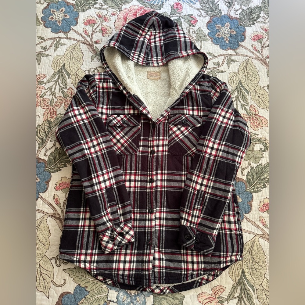 Boston Traders Black and Red Plaid Hooded faux shearling Lined Shacket